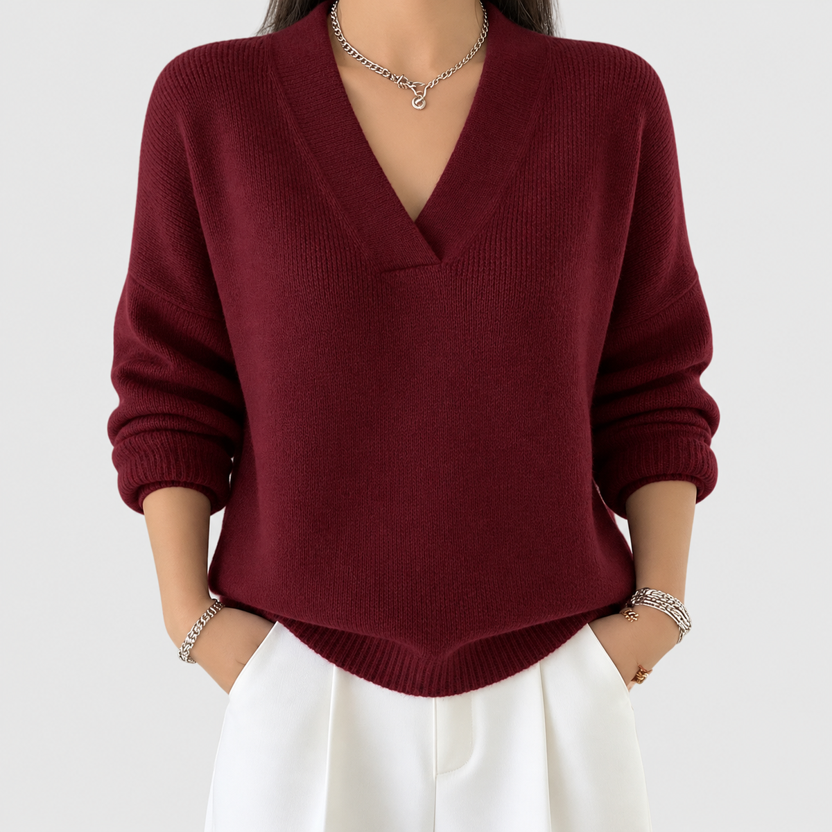 Women's Relaxed Jumper with Deep V-Neck and Ribbed Hem in Red — view 4