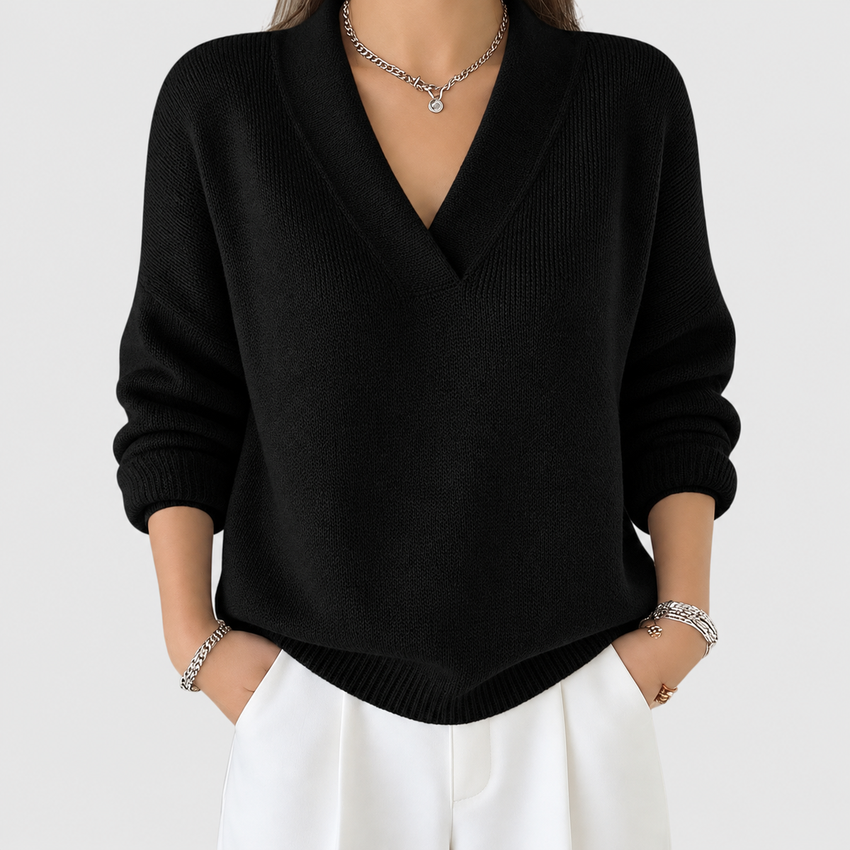 Women's Relaxed Jumper with Deep V-Neck and Ribbed Hem in Black — view 5