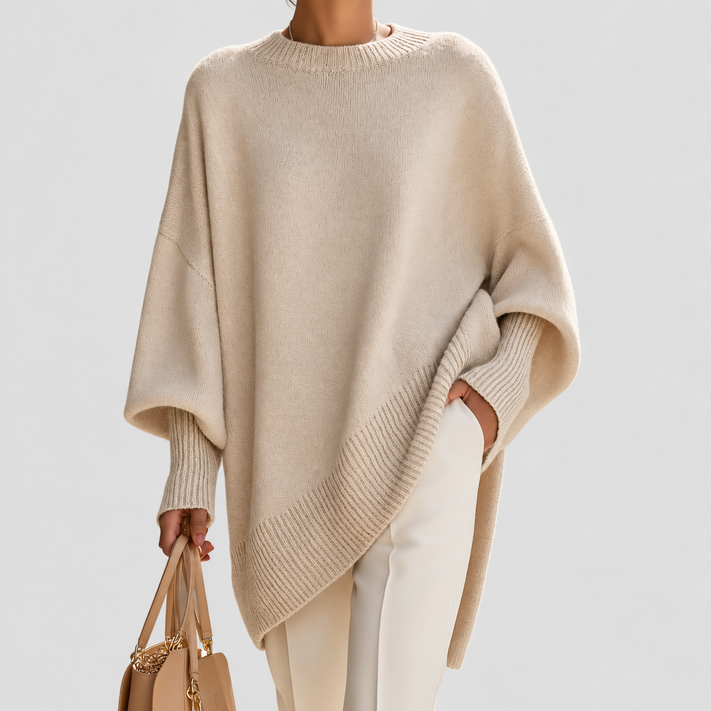 Women's Oversized Asymmetric Hem Jumper in Beige — view 1