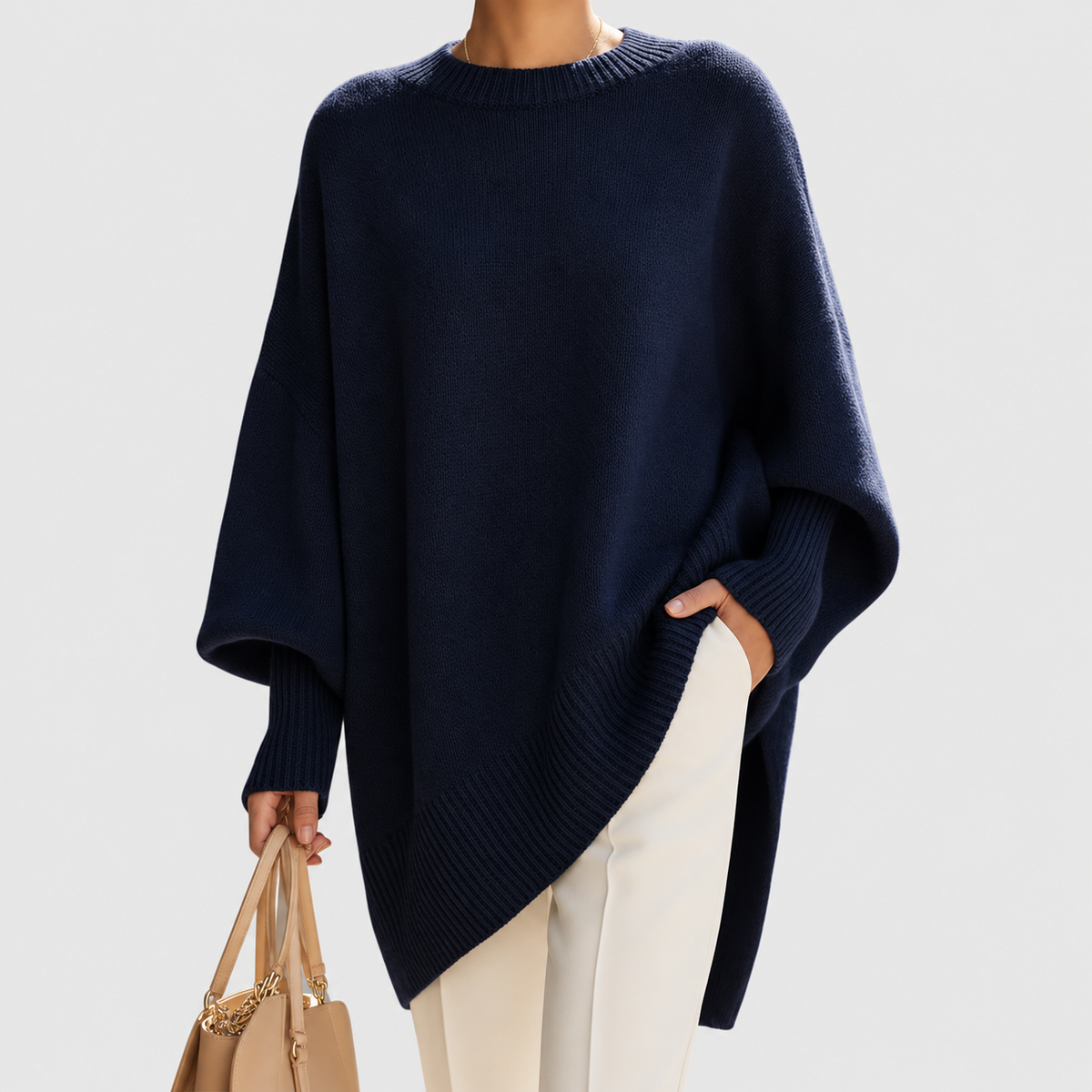Women's Oversized Asymmetric Hem Jumper in Navy Blue — view 7