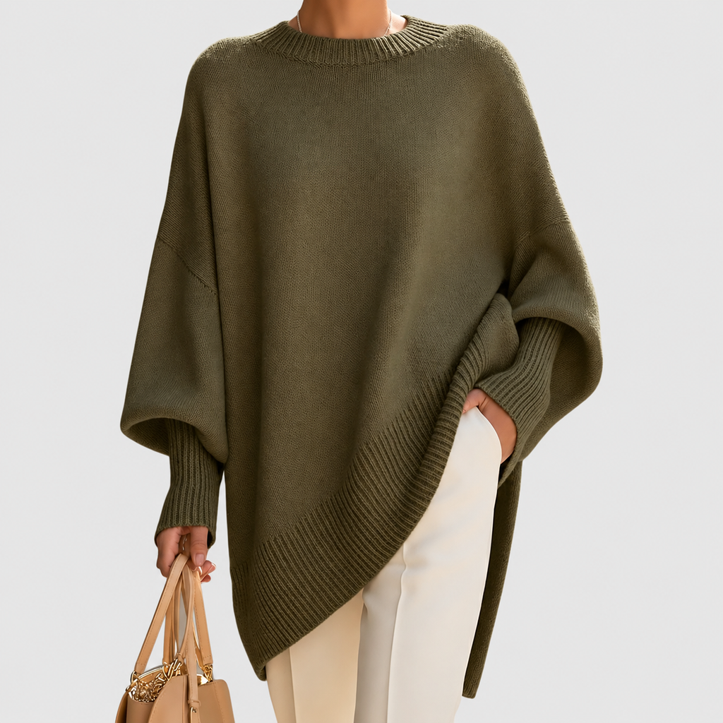 Women's Oversized Asymmetric Hem Jumper in Olive Green — view 11