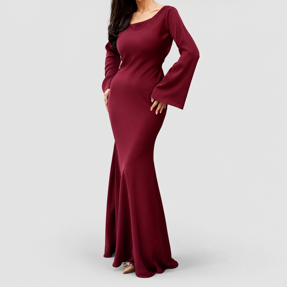 Women's Long-Sleeve Maxi Dress with Fitted Bodice in Burgundy — view 10