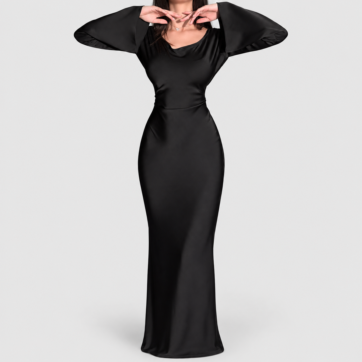 Women's Long-Sleeve Maxi Dress with Fitted Bodice in Black — view 11