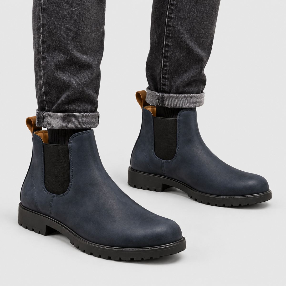 Men's Faux Leather Chelsea Boots with Pull Tabs and Lug Sole in Navy — view 6