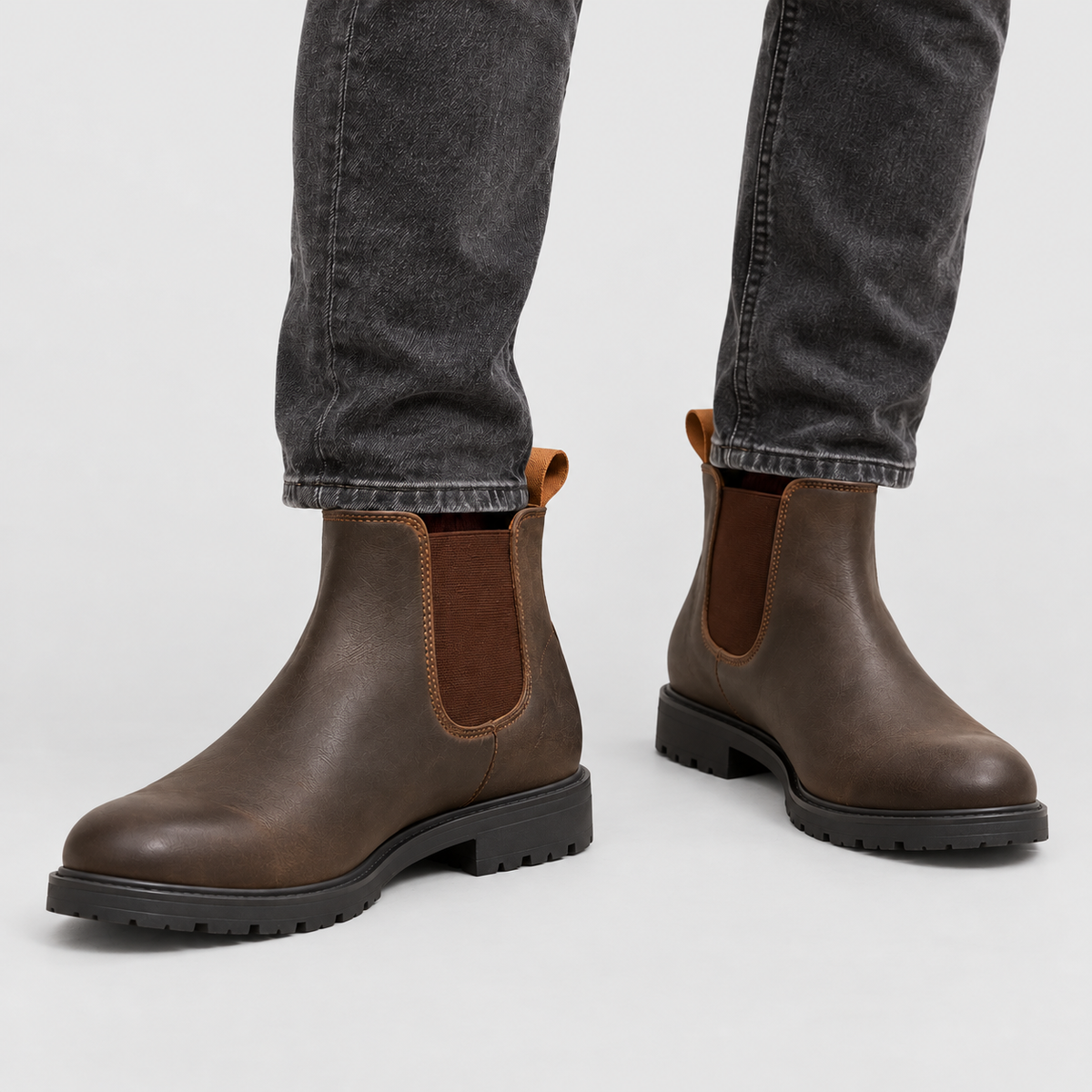 Men's Faux Leather Chelsea Boots with Pull Tabs and Lug Sole in Dark Brown — view 10