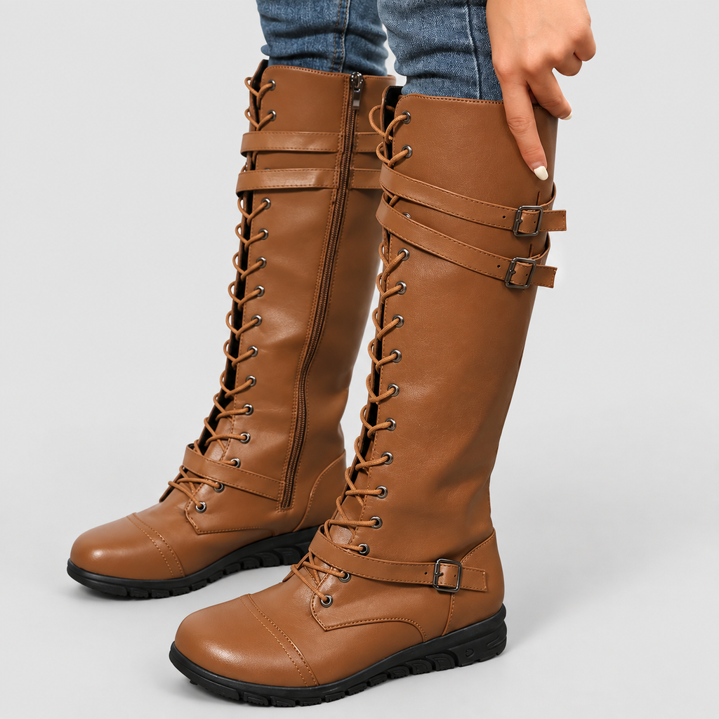 Women's Faux Leather Lace-Up Knee-High Boots with Buckle Straps in Brown — view 1