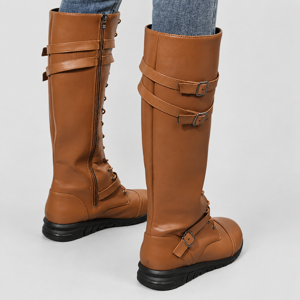 Women's Faux Leather Lace-Up Knee-High Boots with Buckle Straps — view 2