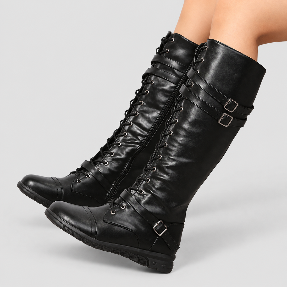 Women's Faux Leather Lace-Up Knee-High Boots with Buckle Straps in Black — view 3
