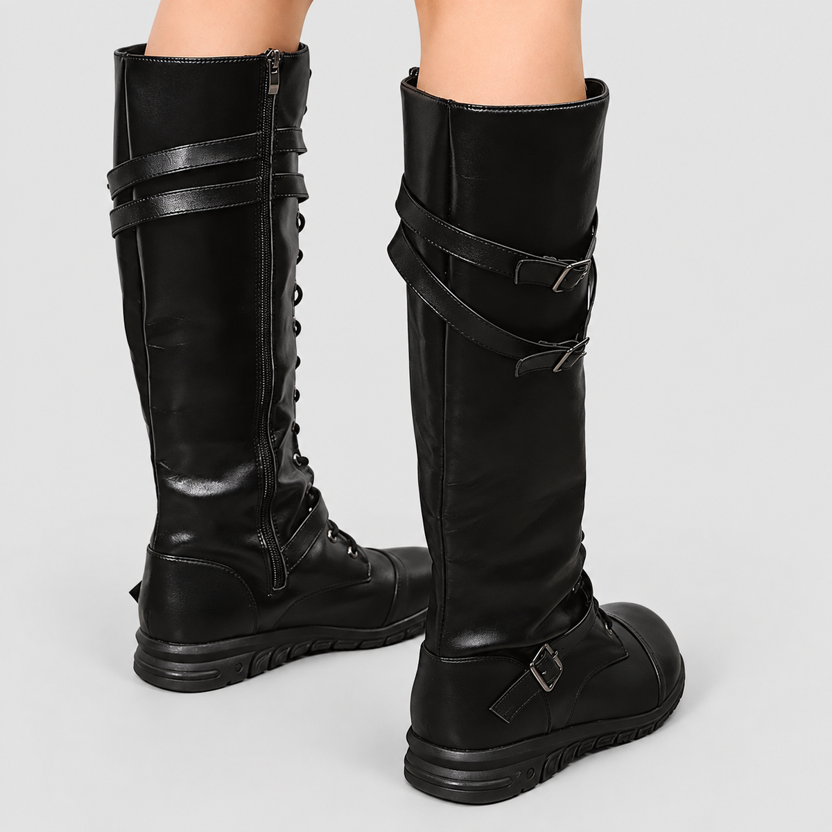 Women's Faux Leather Lace-Up Knee-High Boots with Buckle Straps — view 4