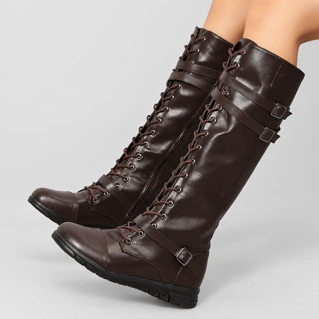 Women's Faux Leather Lace-Up Knee-High Boots with Buckle Straps in Dark Brown — view 5