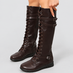 Women's Faux Leather Lace-Up Knee-High Boots with Buckle Straps — view 6