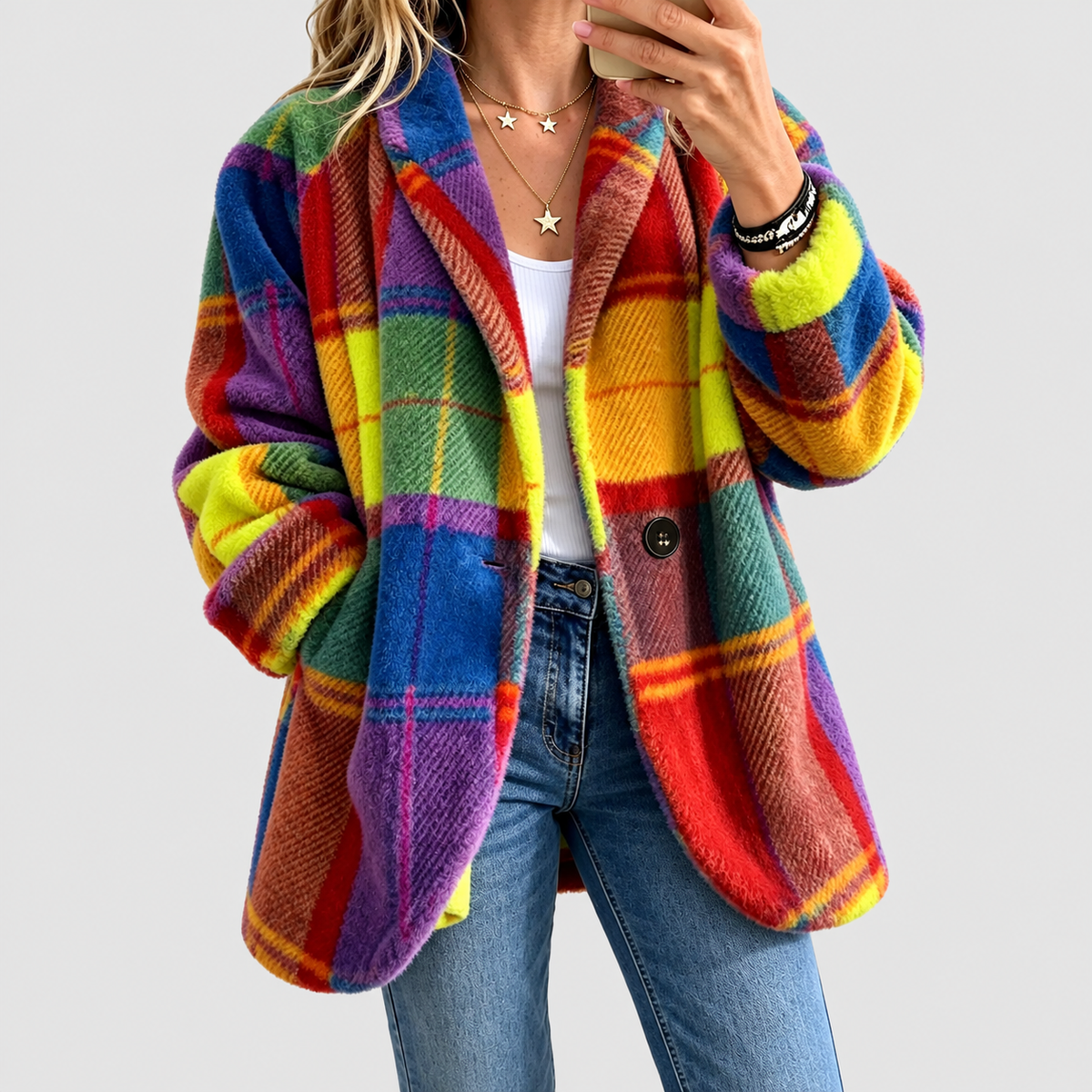 Women's Relaxed Check Fleece Jacket in Yellow — view 3