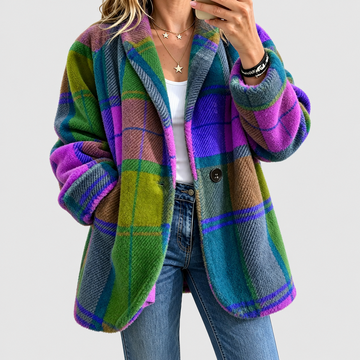 Women's Relaxed Check Fleece Jacket in Blue — view 4
