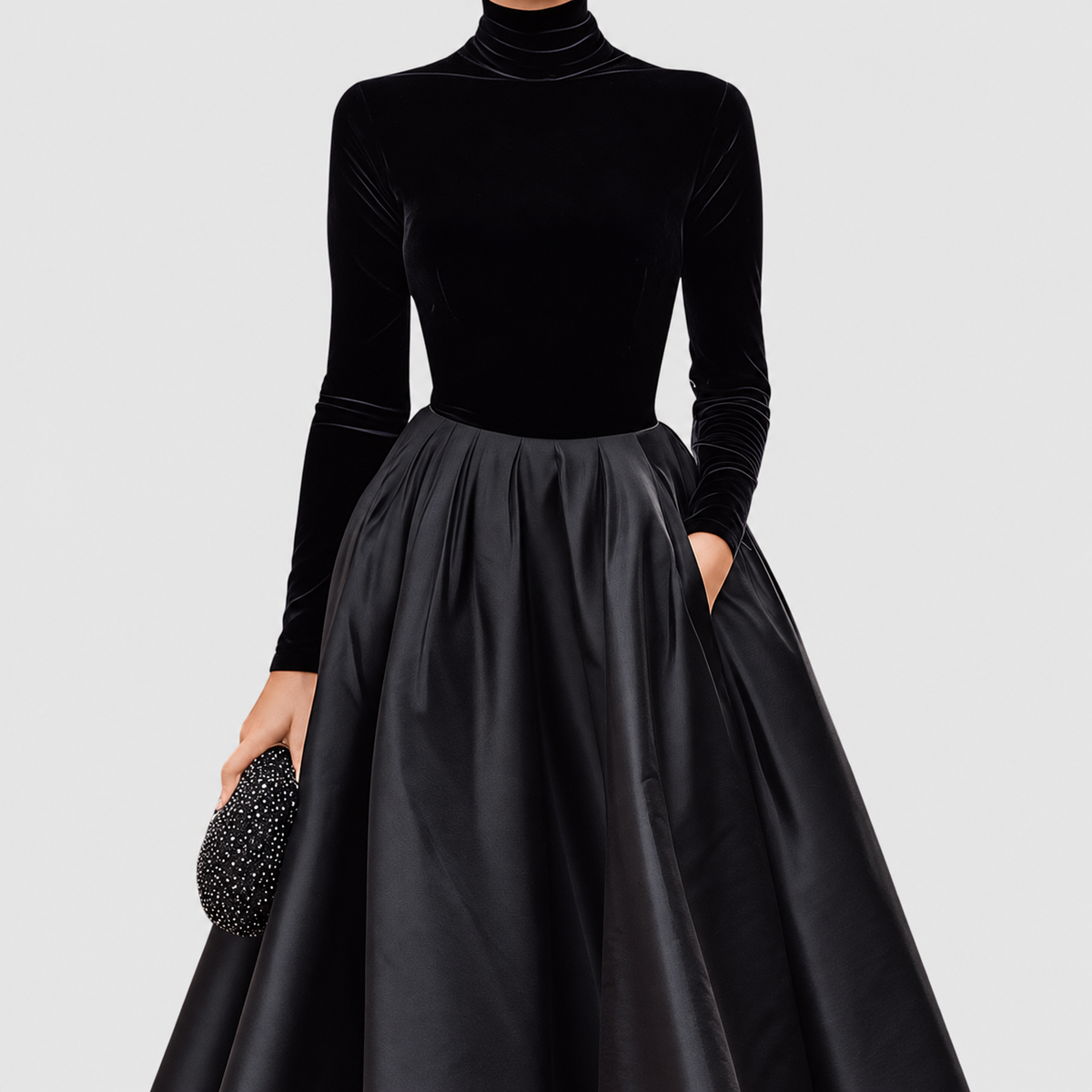 Women's Black Velvet and Satin Midi Dress — view 1