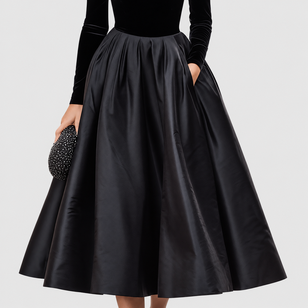 Women's Black Velvet and Satin Midi Dress — view 2