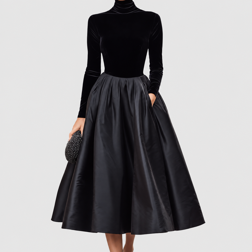 Women's Black Velvet and Satin Midi Dress — view 4