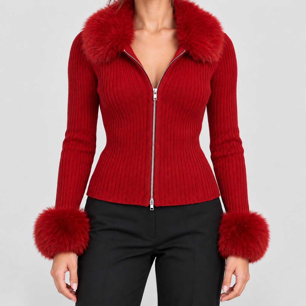 Women's Ribbed Knit Zip-Up Cardigan with Faux Fur Trim — view 1