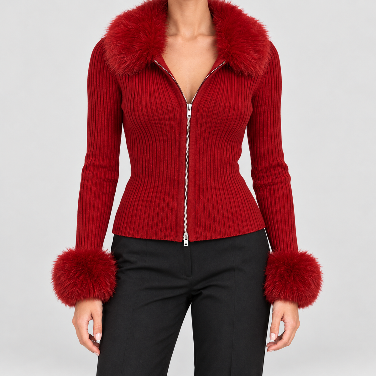 Women's Ribbed Knit Zip-Up Cardigan with Faux Fur Trim in Red — view 2