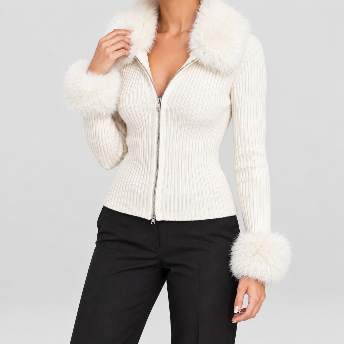 Women's Ribbed Knit Zip-Up Cardigan with Faux Fur Trim in White — view 3