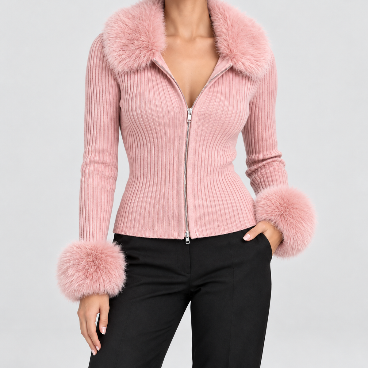 Women's Ribbed Knit Zip-Up Cardigan with Faux Fur Trim in Pink — view 4