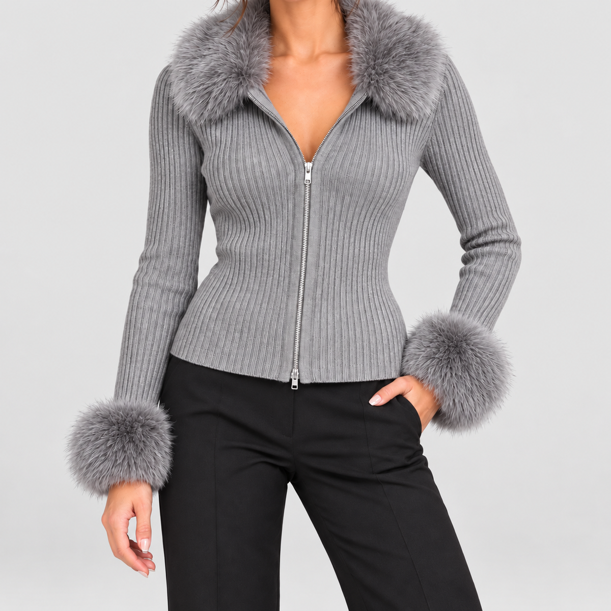 Women's Ribbed Knit Zip-Up Cardigan with Faux Fur Trim in Grey — view 5