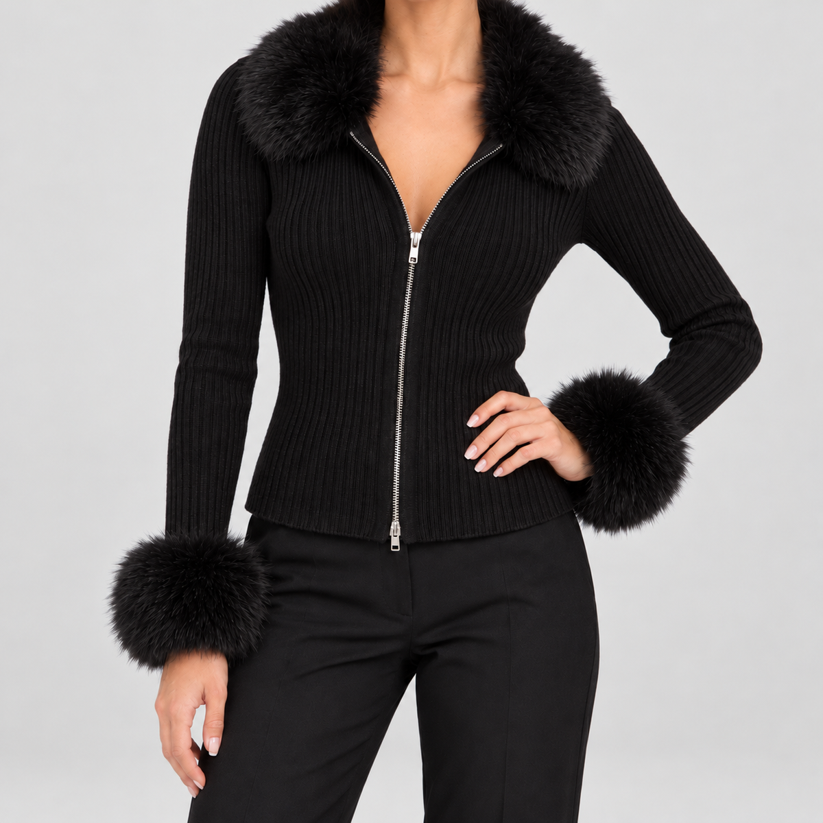 Women's Ribbed Knit Zip-Up Cardigan with Faux Fur Trim in Black — view 6