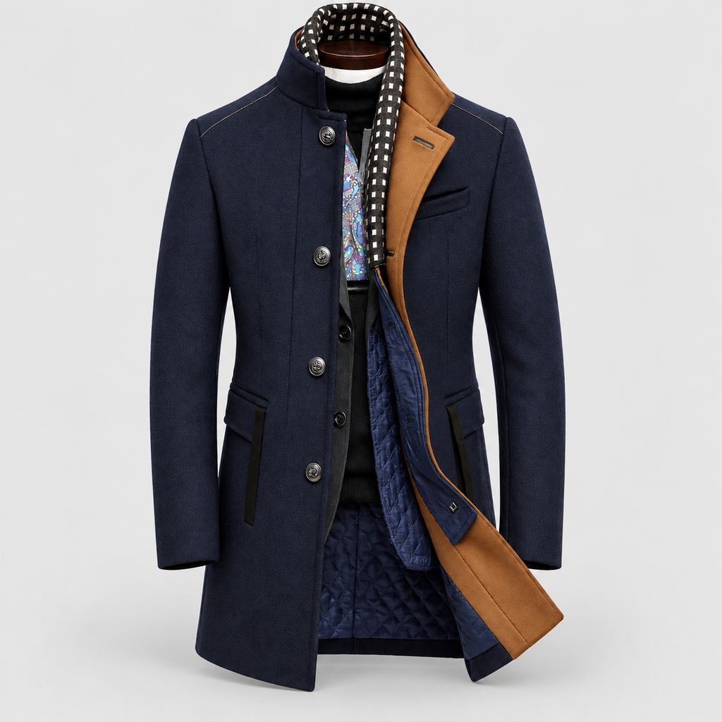 Men's Stand-Collar Overcoat with Contrast Detail in Navy Blue — view 1