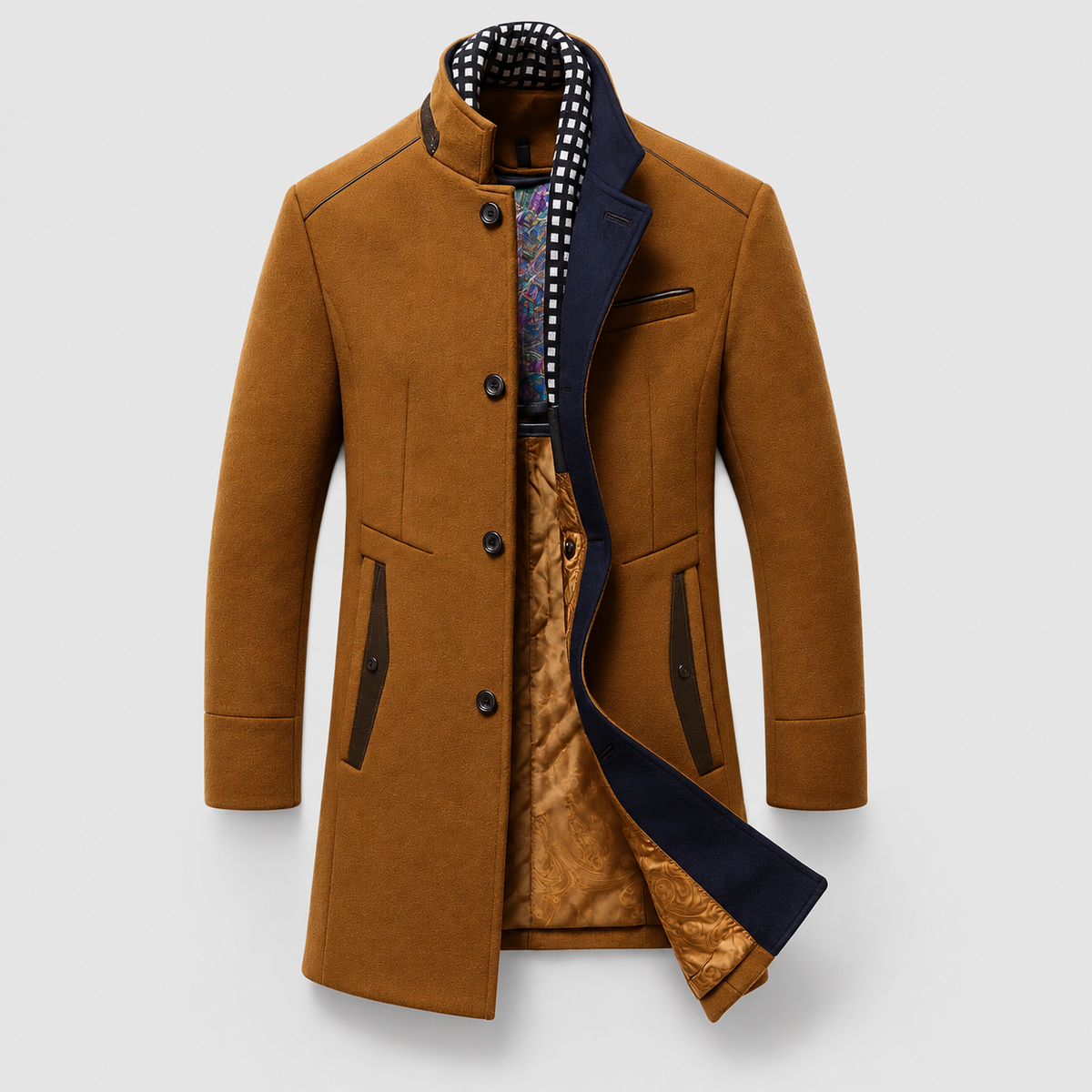 Men's Stand-Collar Overcoat with Contrast Detail in Camel — view 3