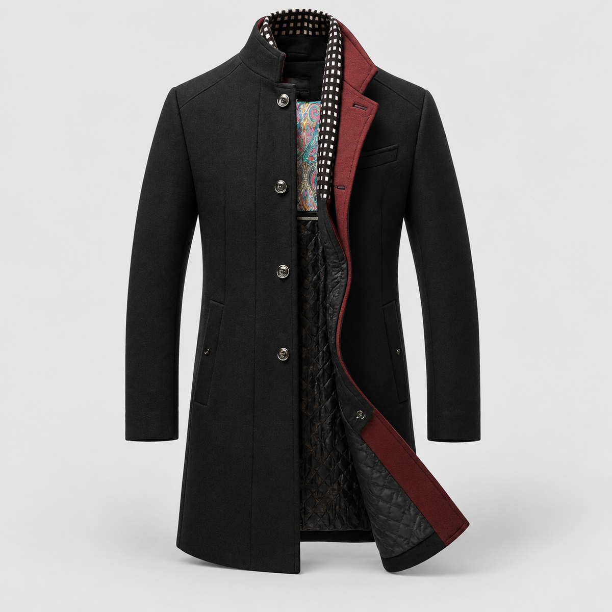 Men's Stand-Collar Overcoat with Contrast Detail in Black — view 4