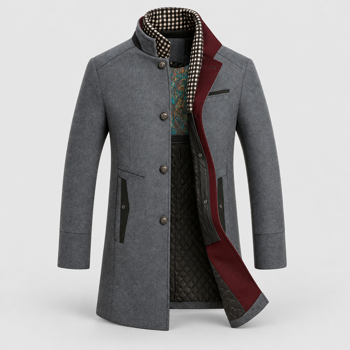Men's Stand-Collar Overcoat with Contrast Detail in Grey — view 5