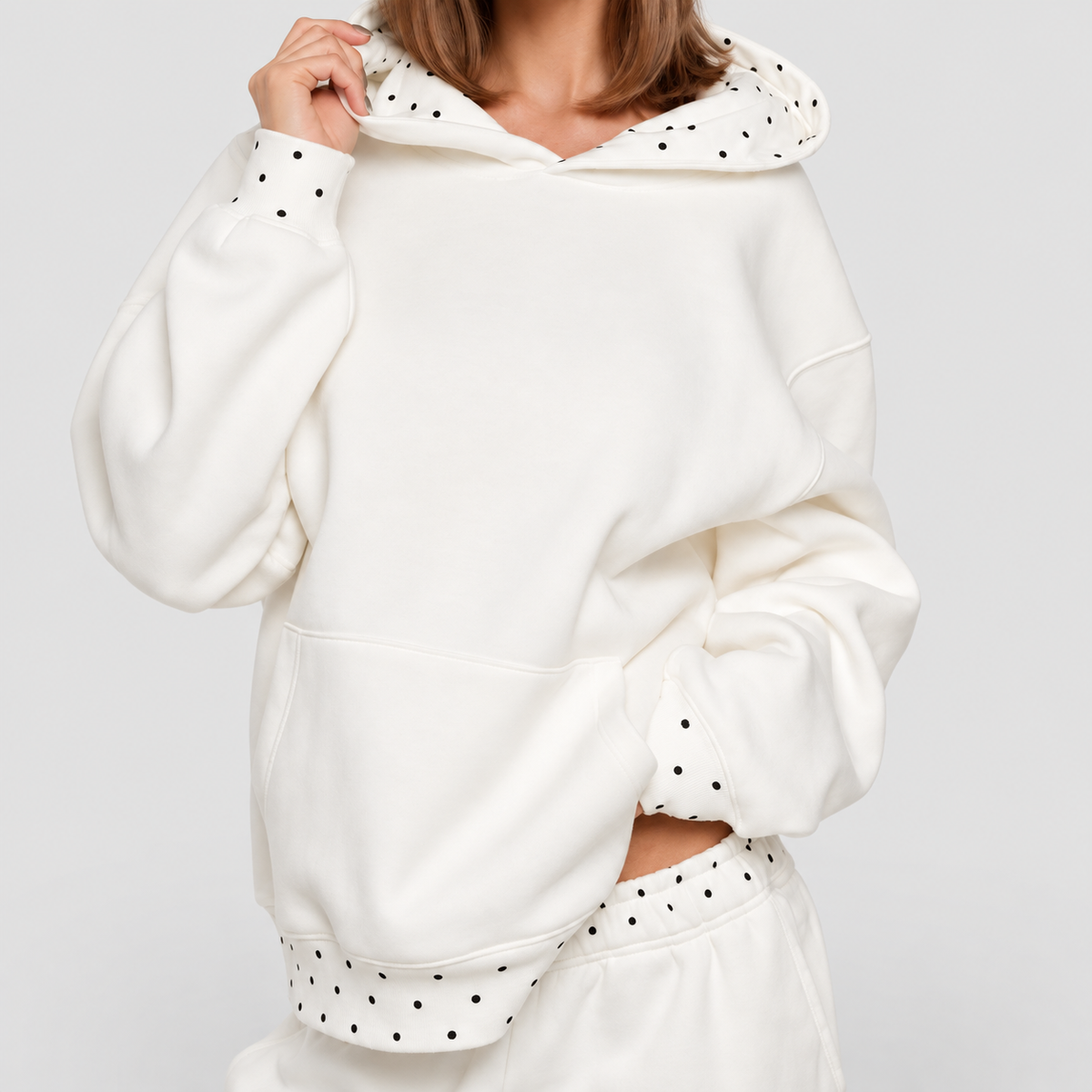 Women's Relaxed Hoodie with Polka Dot Trim in White — view 1