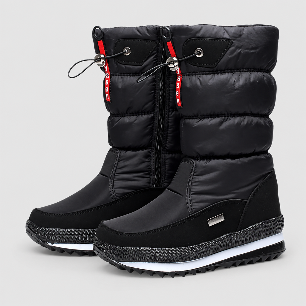 Women's Lined Winter Boots with Drawstring Cuff and Ridged Sole in Black — view 1