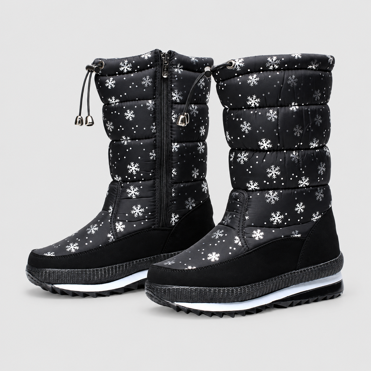 Women's Lined Winter Boots with Drawstring Cuff and Ridged Sole in Black With Pattern — view 3