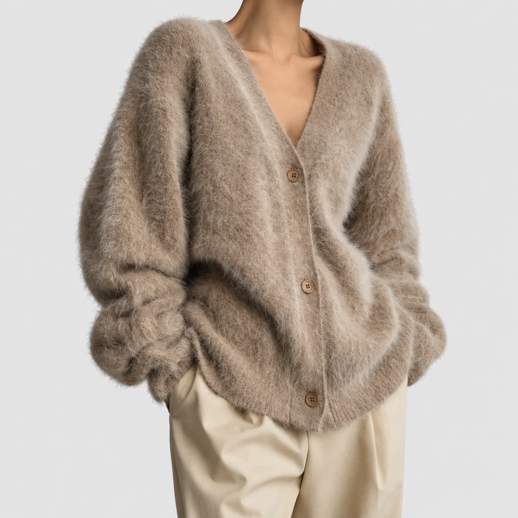 Women's V-Neck Knitted Cardigan with Button Closure in Khaki — view 1