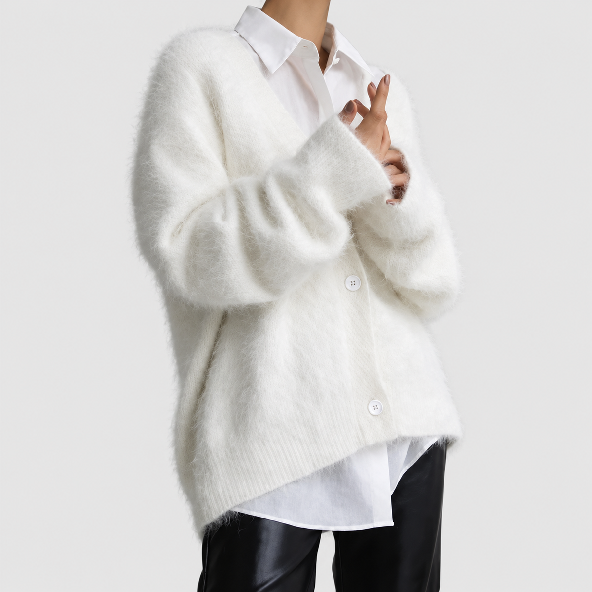 Women's V-Neck Knitted Cardigan with Button Closure in White — view 3