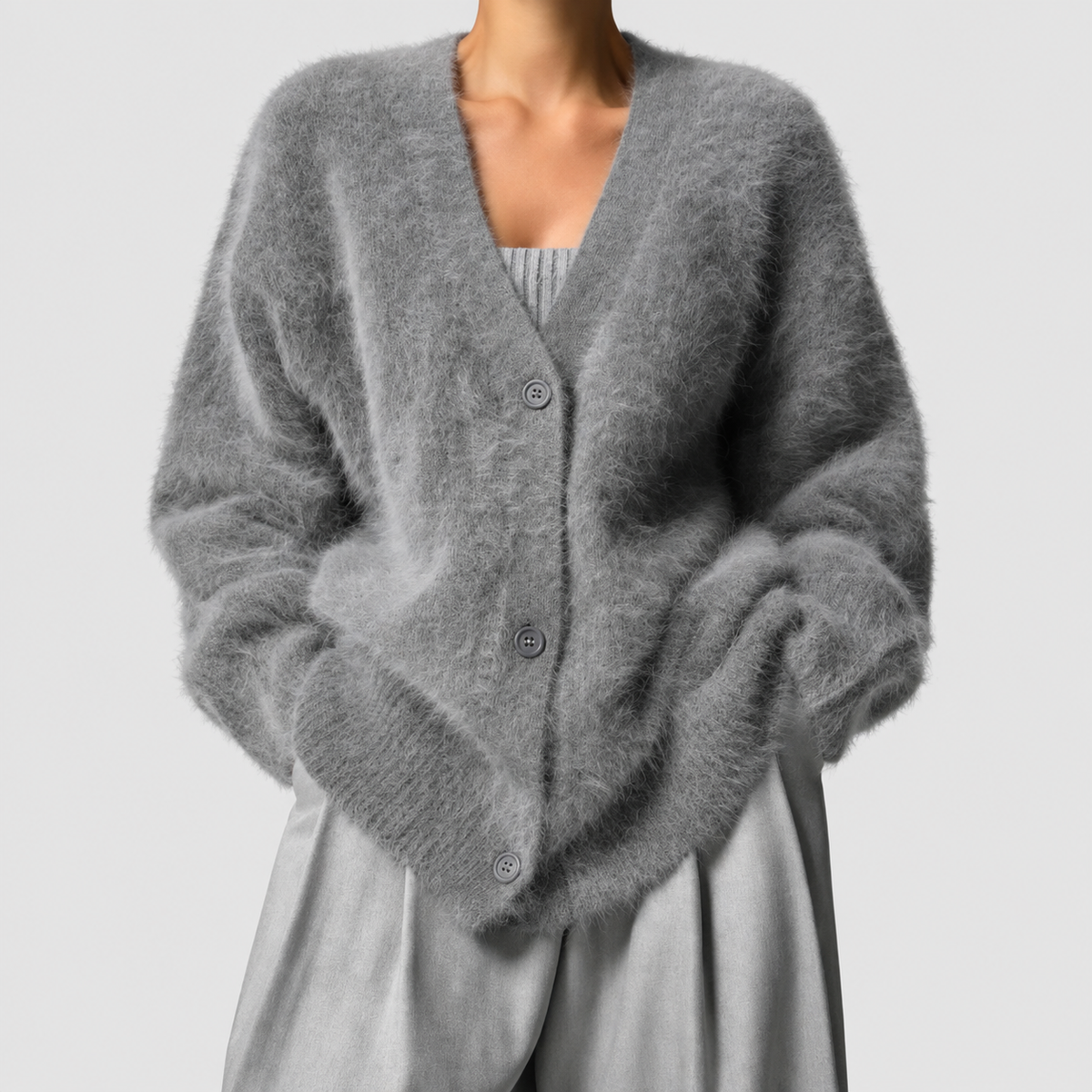 Women's V-Neck Knitted Cardigan with Button Closure in Grey — view 4