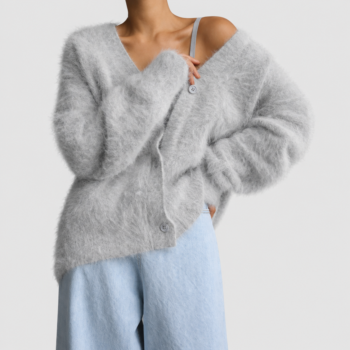 Women's V-Neck Knitted Cardigan with Button Closure in Light Grey — view 7