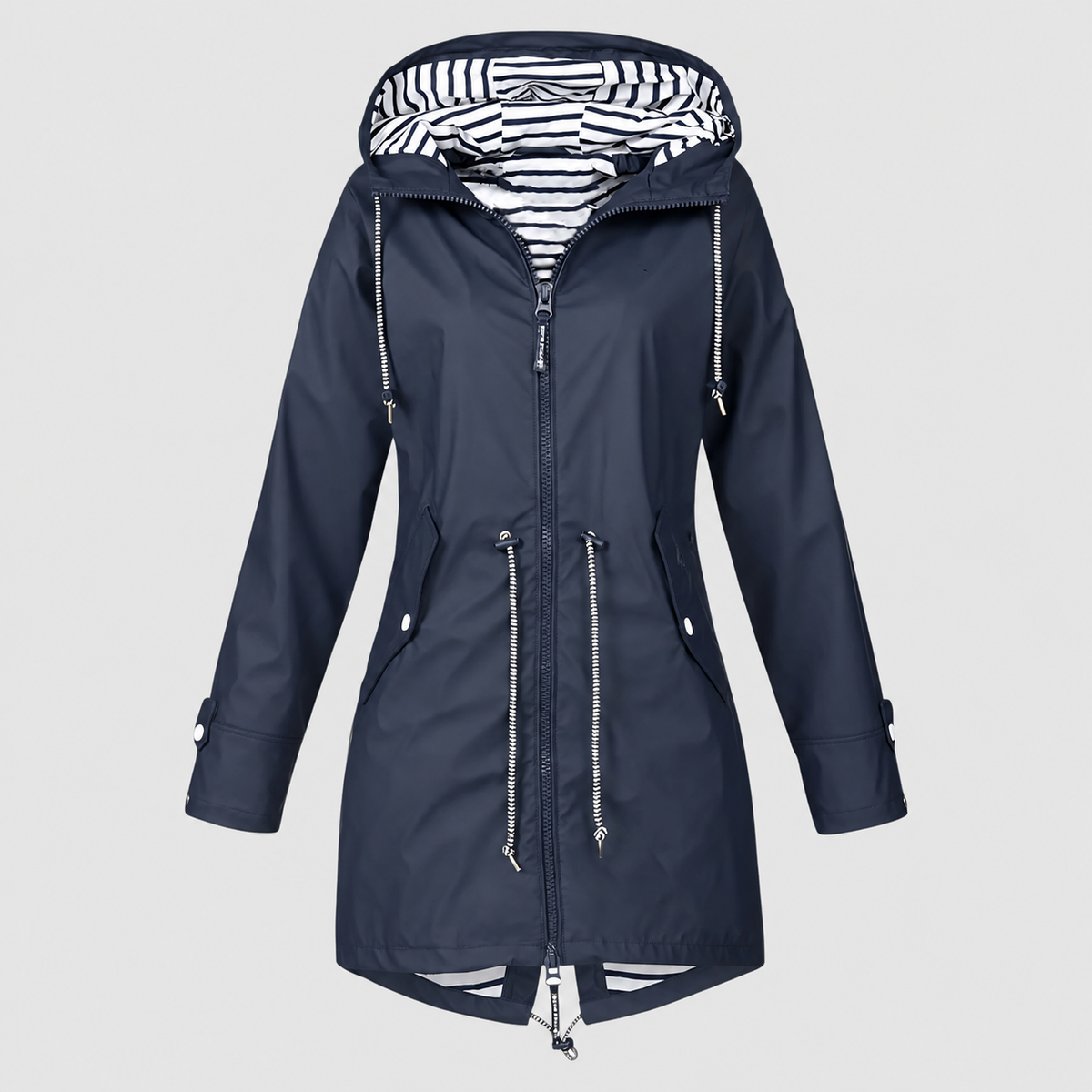 Women's Hooded Jacket with Striped Lining and Drawstring Waist in Navy blue — view 1