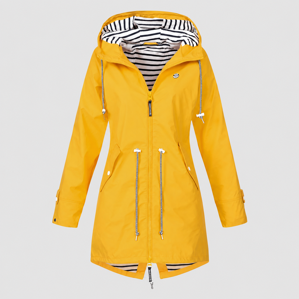 Women's Hooded Jacket with Striped Lining and Drawstring Waist in Yellow — view 2