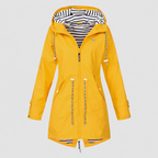 Women's Hooded Jacket with Striped Lining and Drawstring Waist in Yellow — view 2