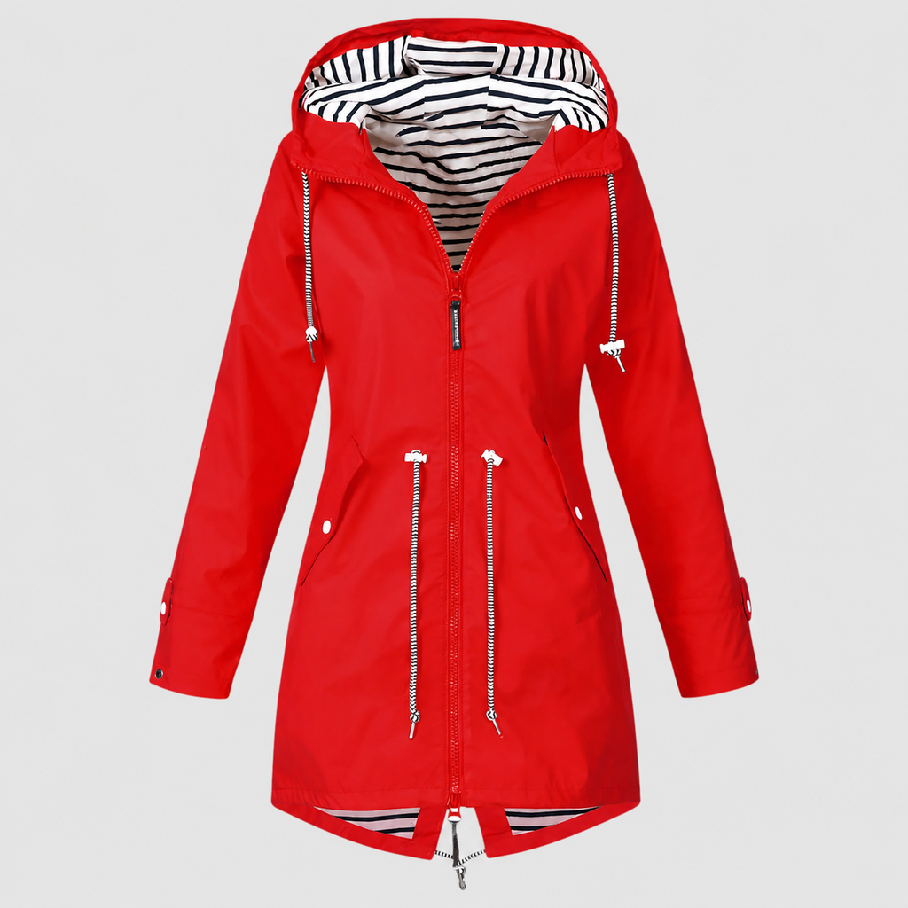Women's Hooded Jacket with Striped Lining and Drawstring Waist in Red — view 3