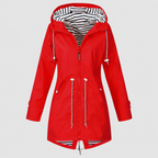 Women's Hooded Jacket with Striped Lining and Drawstring Waist in Red — view 3