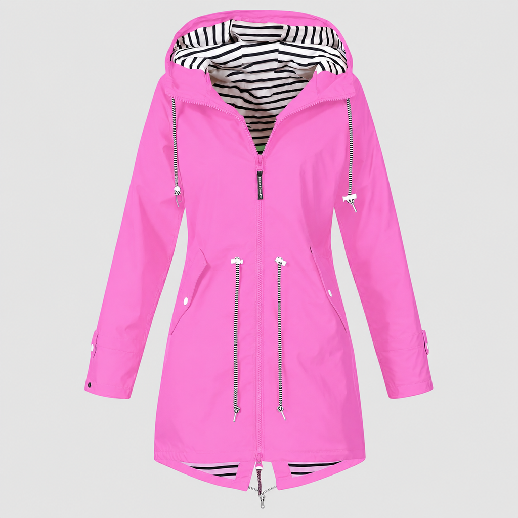 Women's Hooded Jacket with Striped Lining and Drawstring Waist in Pink — view 4