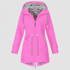 Women's Hooded Jacket with Striped Lining and Drawstring Waist in Pink — view 4