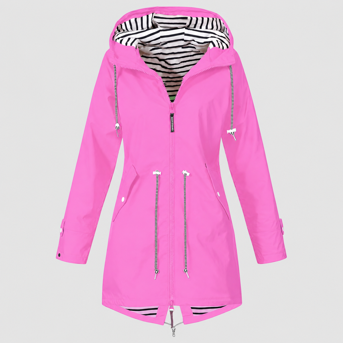 Women's Hooded Jacket with Striped Lining and Drawstring Waist in Pink — view 4