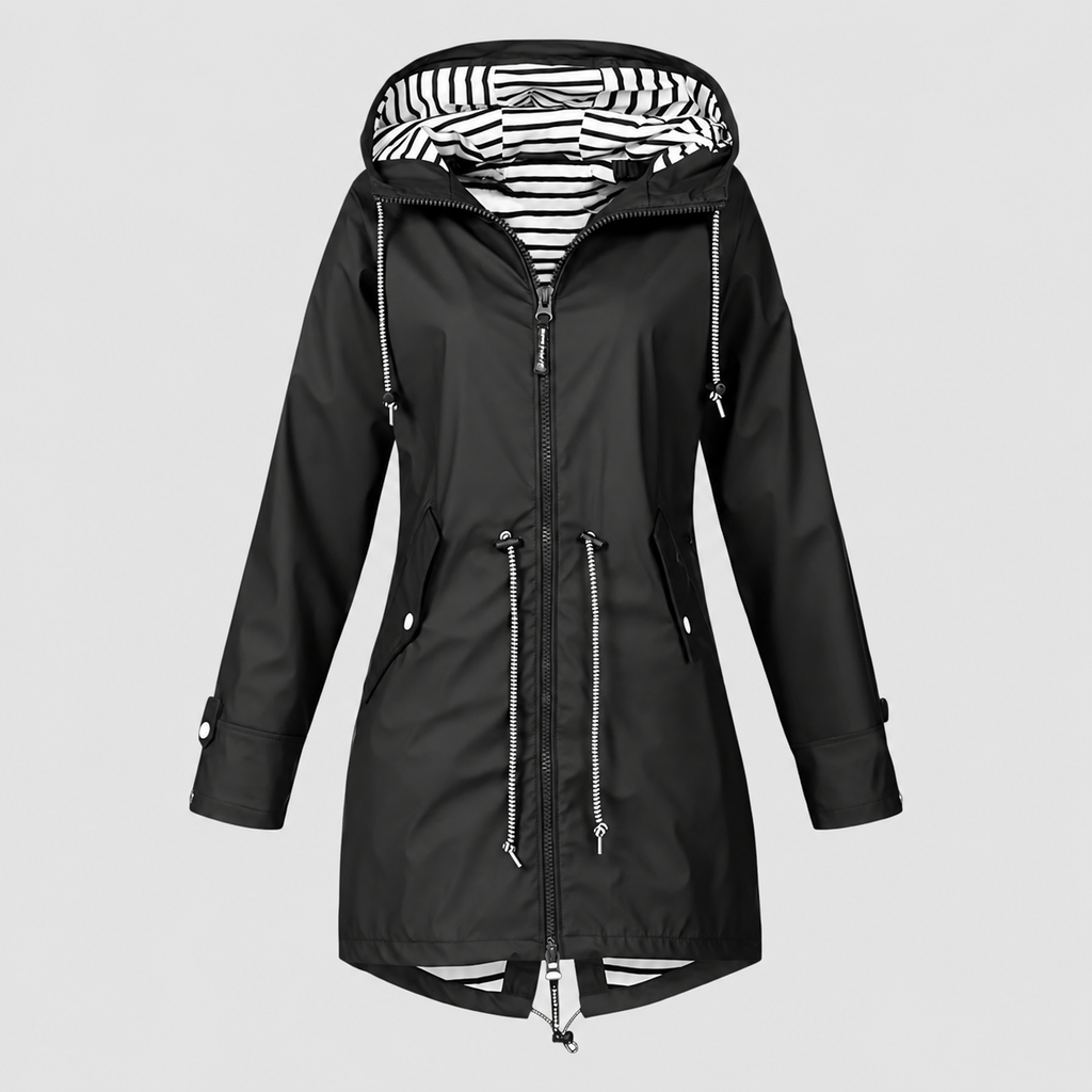 Women's Hooded Jacket with Striped Lining and Drawstring Waist in Black — view 6