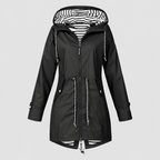 Women's Hooded Jacket with Striped Lining and Drawstring Waist in Black — view 6