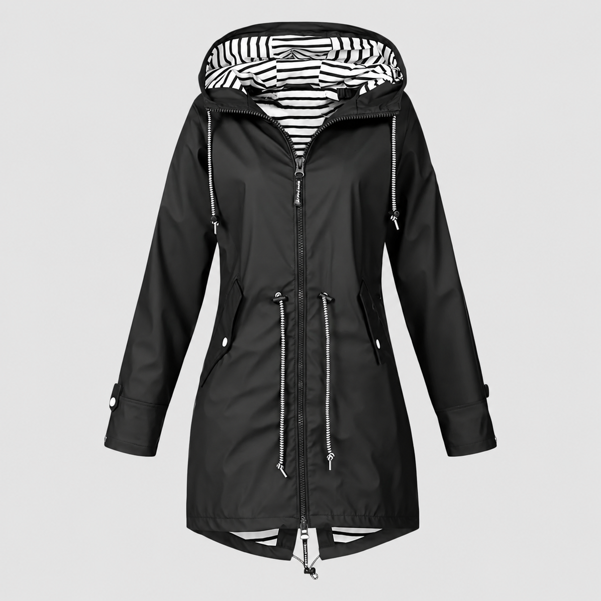 Women's Hooded Jacket with Striped Lining and Drawstring Waist in Black — view 6