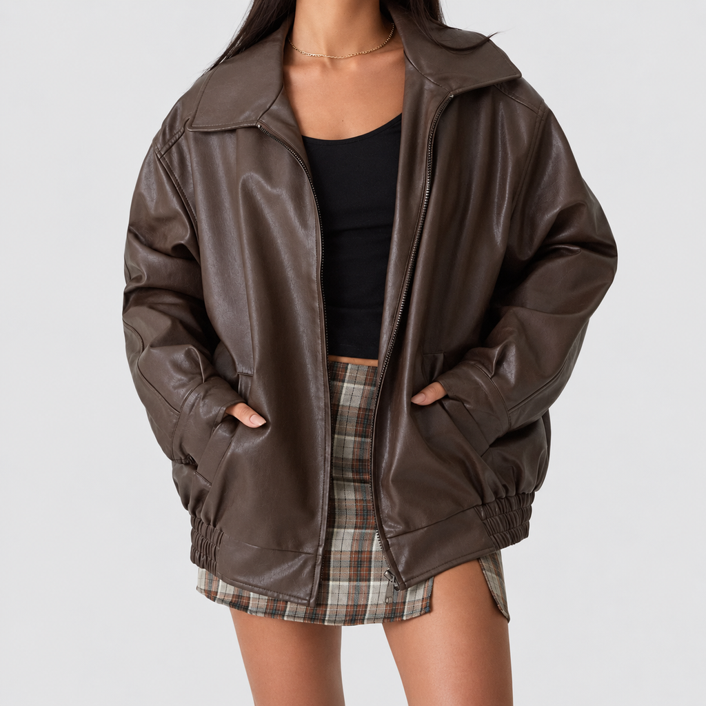 Women's Leather-Look Bomber Jacket with Zip Front and Elasticated Waist in Brown — view 1