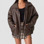 Women's Leather-Look Bomber Jacket with Zip Front and Elasticated Waist in Brown — view 1